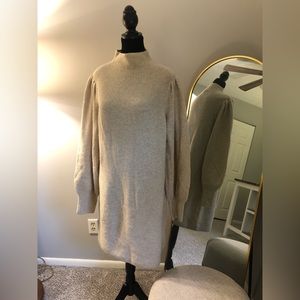Mock-neck, bubble sleeve, midi-length sweater dress